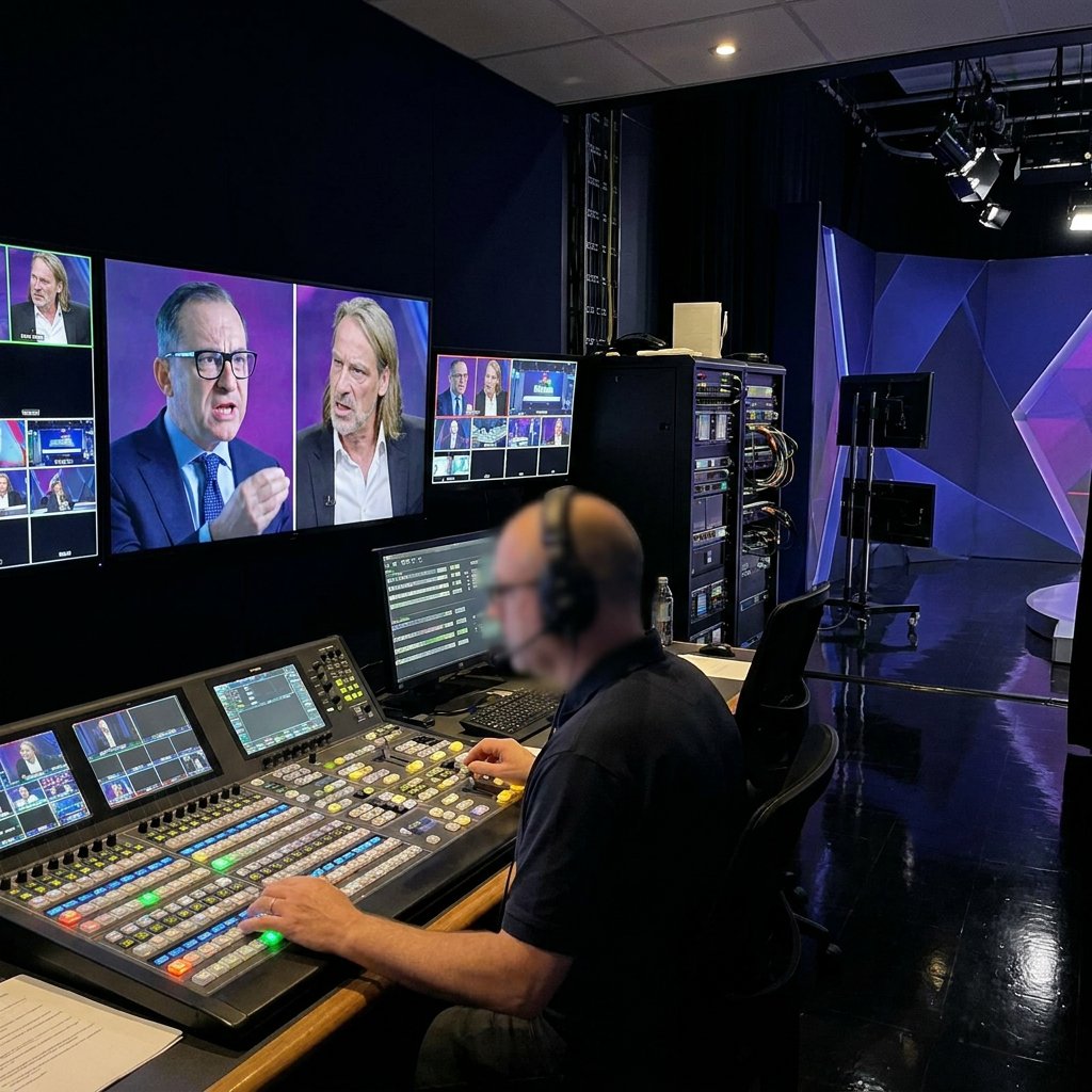 Bildregie von Sendewerk Studios: Operator mit Headset an der Bildmischung, Monitorwand mit laufender Live-Produktion
